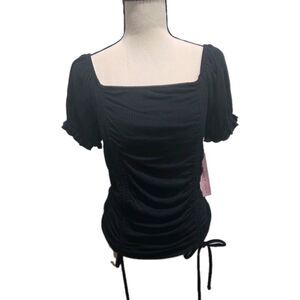 Crave Fame Black Knit Ruched Puff Sleeve Square Neck Blouse L